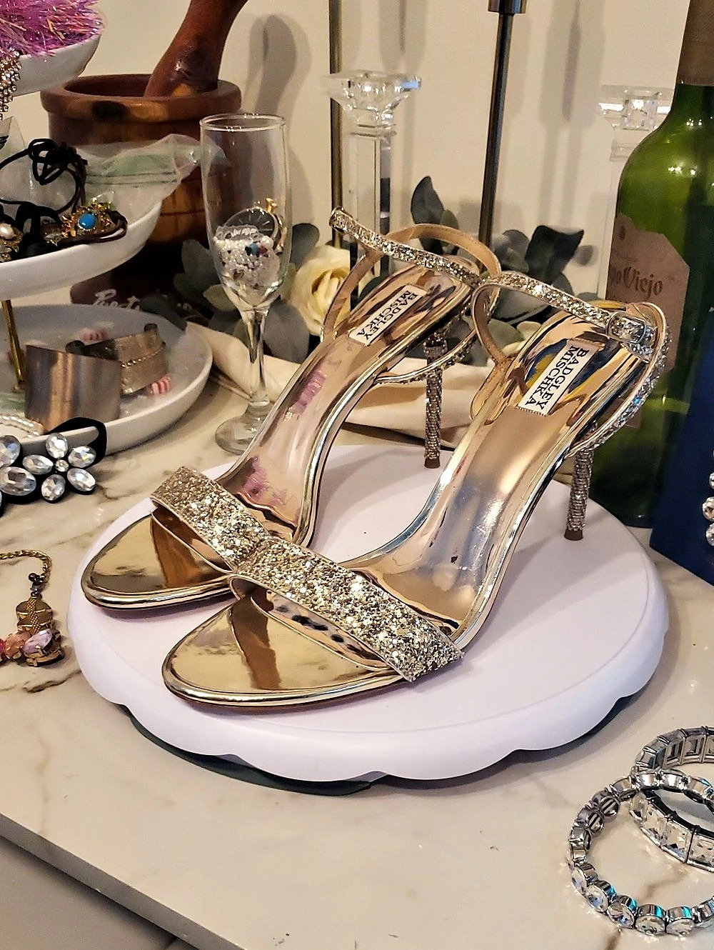 Badgley Mischka Olympia Gold Glitter Crystal Stiletto Sandals - Size 13
